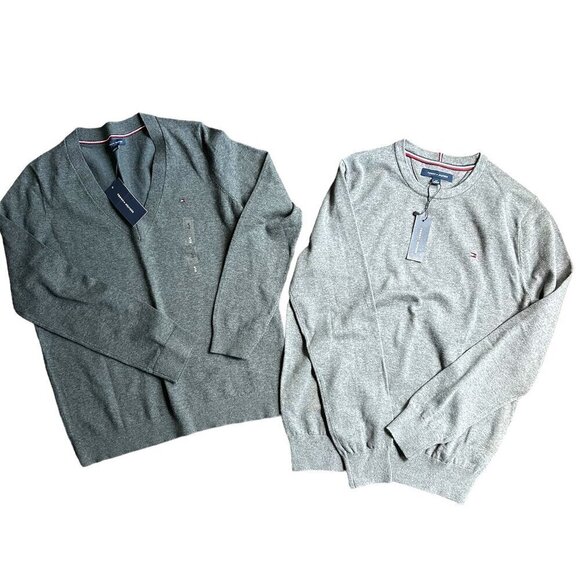 TOMMY HILFIGER Lot of 2 Long Sleeve Grey Cotton Sweaters Men US S - Picture 1 of 7